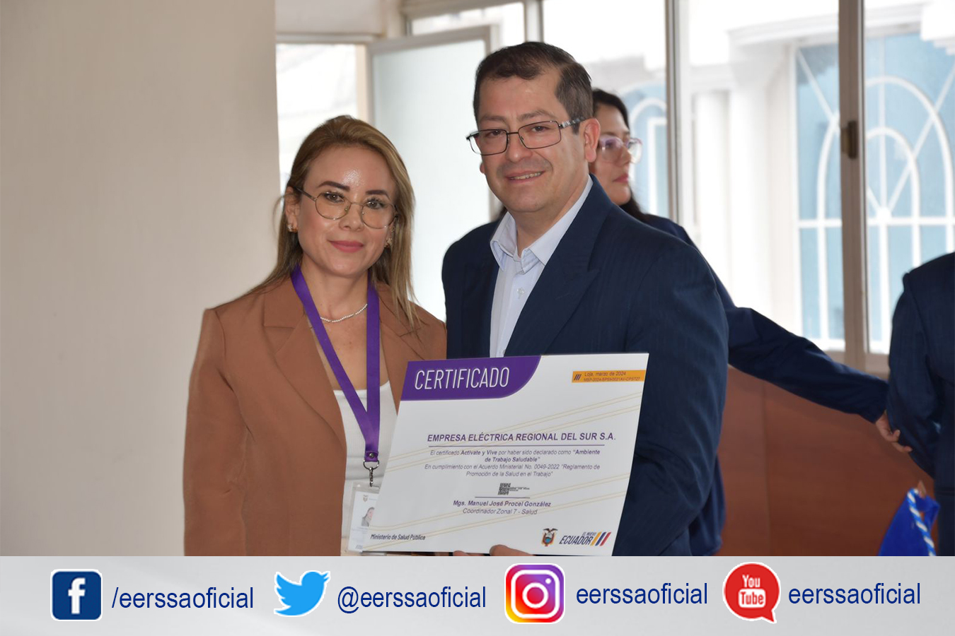 La EERSSA recibió el certificado activa y vive, como parte del acuerdo ministerial promoción de salud en el trabajo